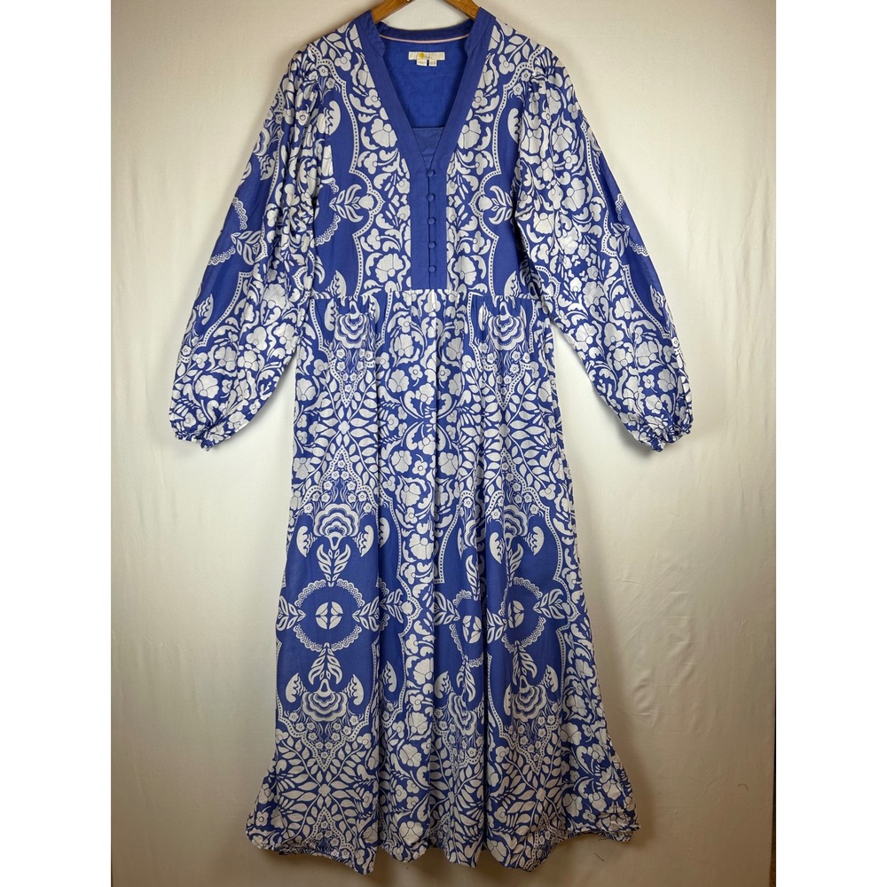 Boden Blue White Floral Damask Cotton Maxi Dress V-Neck Long Sleeve Sz 10 US